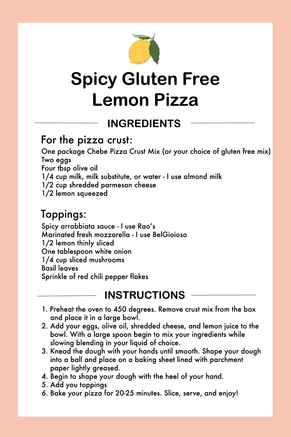 Spicy Gluten Free Lemon Pizza Recipe