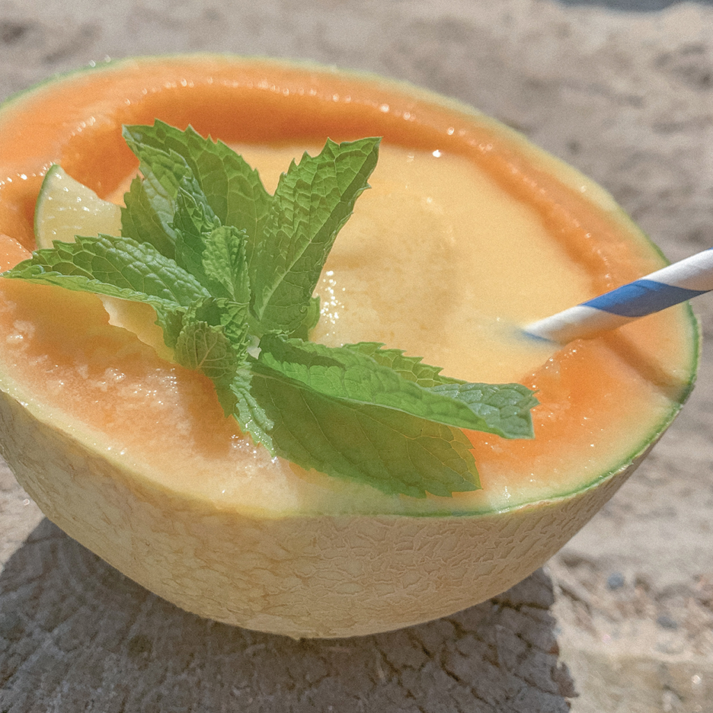 Creamy Mango Margarite Served in a Cantaloupe Bowl